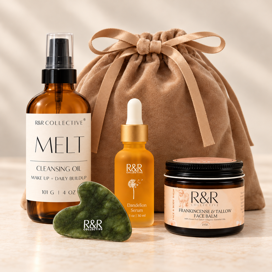 The Starter Bundle: Melt Cleansing Oil, Dandelion Serum, Face Balm, gua sha and carrying case