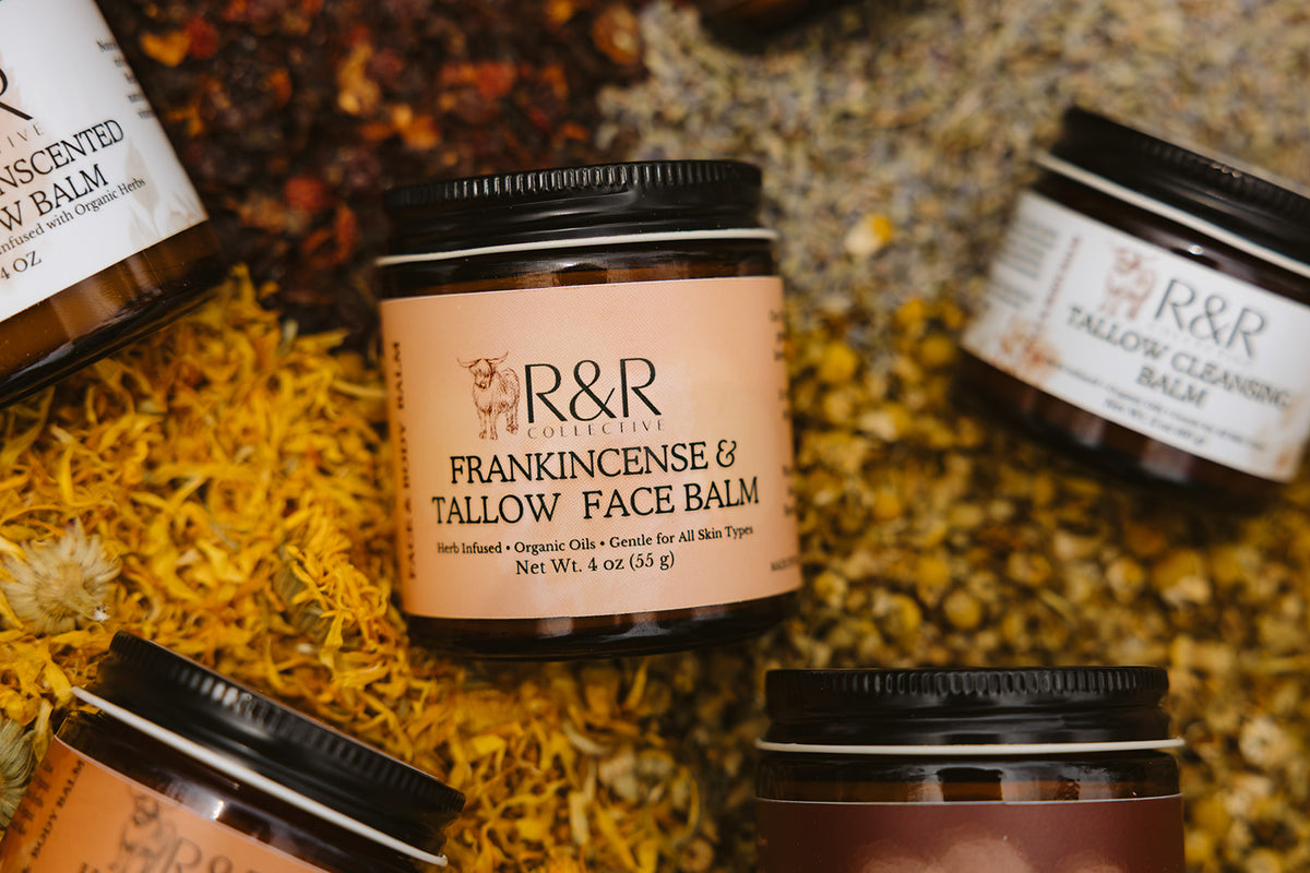 Frankincense & Tallow Face Balm on a bed of dried herbs