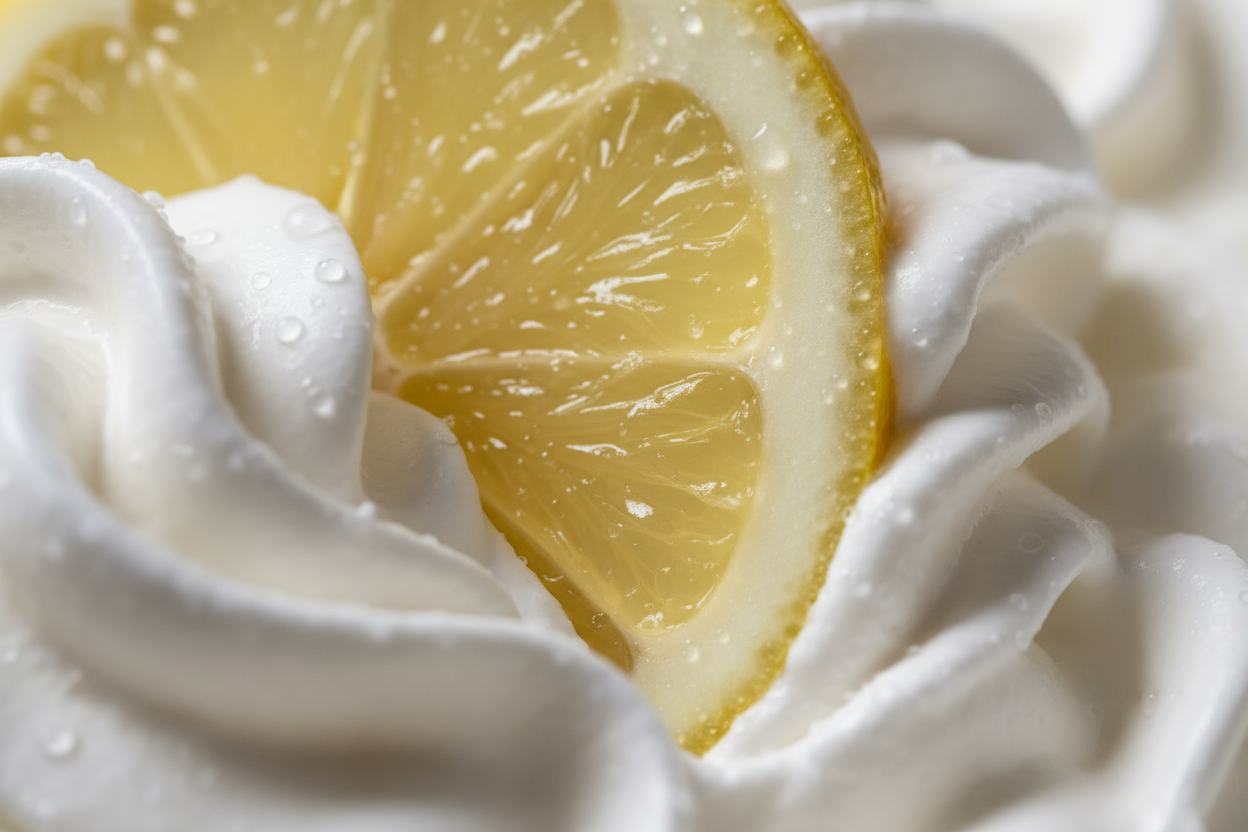 macro of lemon in whipped frosting